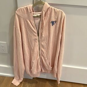 Roller Rabbit pale pink soft zip up hoodie with embroidered monkey
